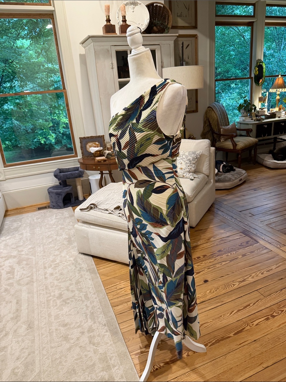 NWT Nicole Miller One-Shoulder Tropical Leaf Midi Dress Size 10 - Picture 5 of 11